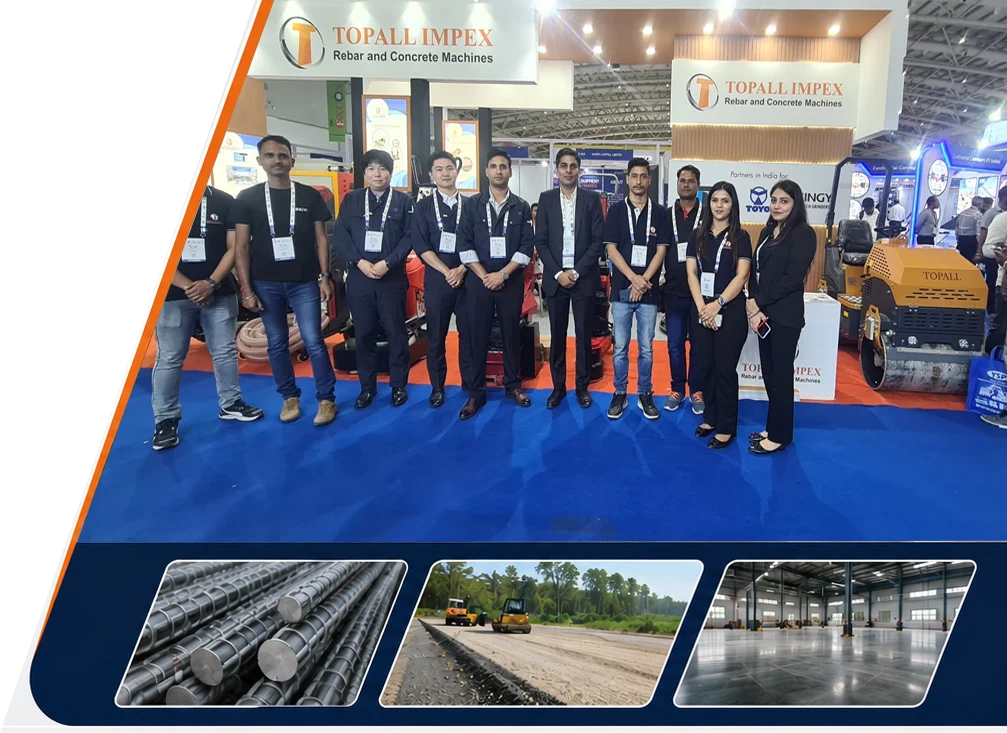 Topall Impex team at a construction equipment exhibition, with rebar, road compaction and warehouse flooring projects